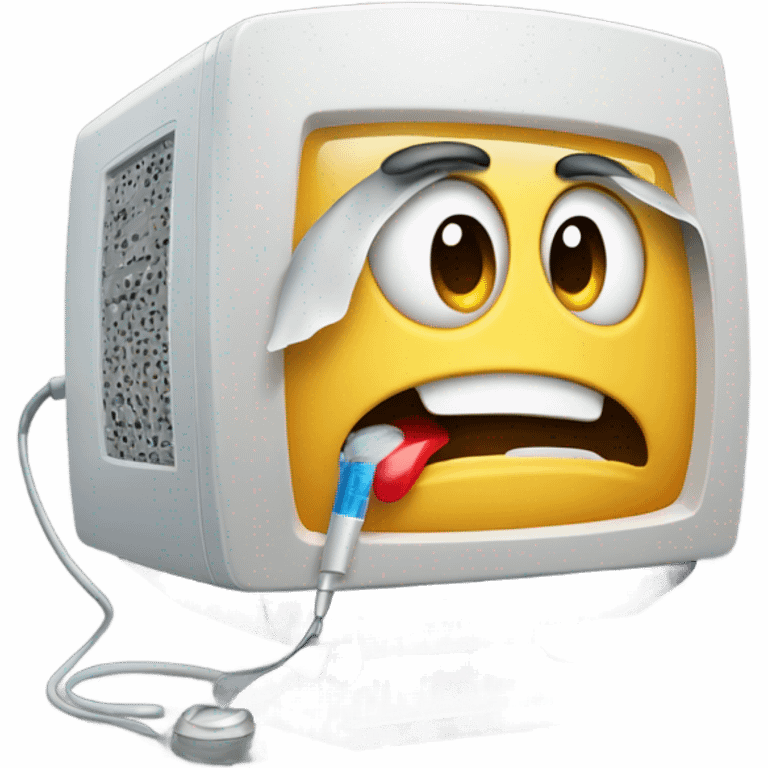 Mac computer with a face and fever sick emoji