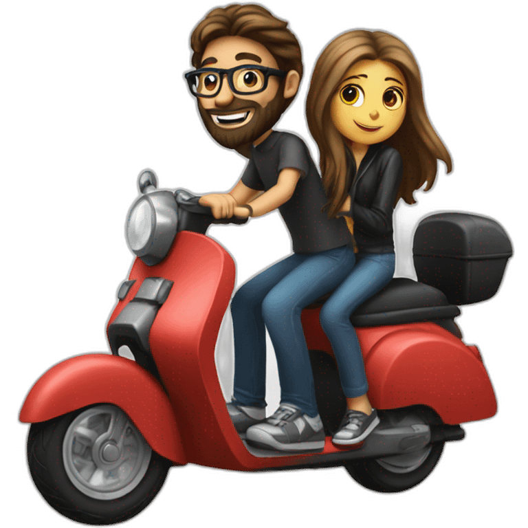 Boy with long hair, beard, and glasses, riding a black scooter with a girl on the back emoji