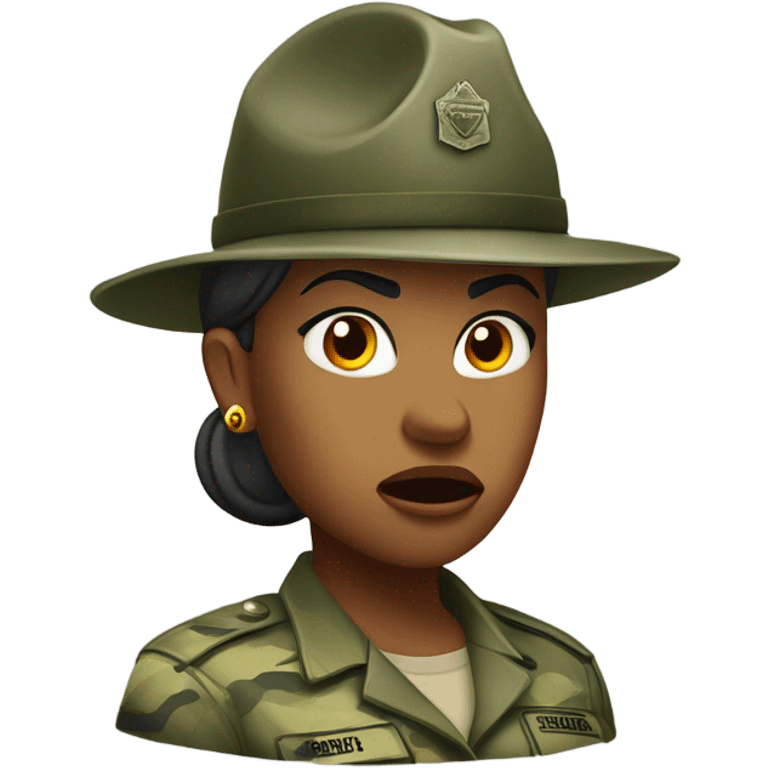 a female drill sergeant showing full torso wearing a classic sergeant hat and a camouflage army shirt. The character should have an angry intense expression.  emoji