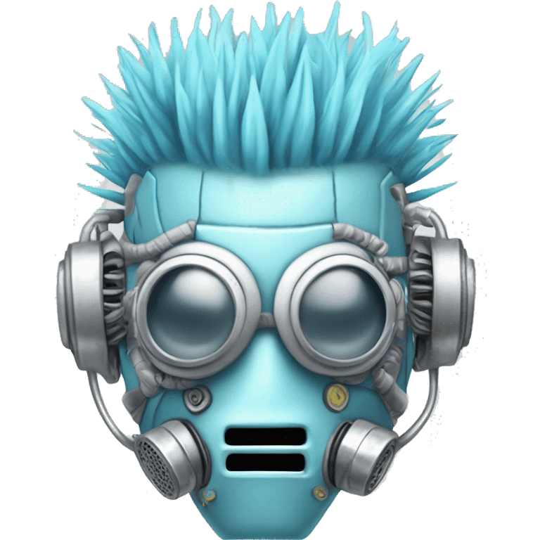 Pastel blue Mohawk cyborg head with silver respirator mask, goatee and circuits emoji