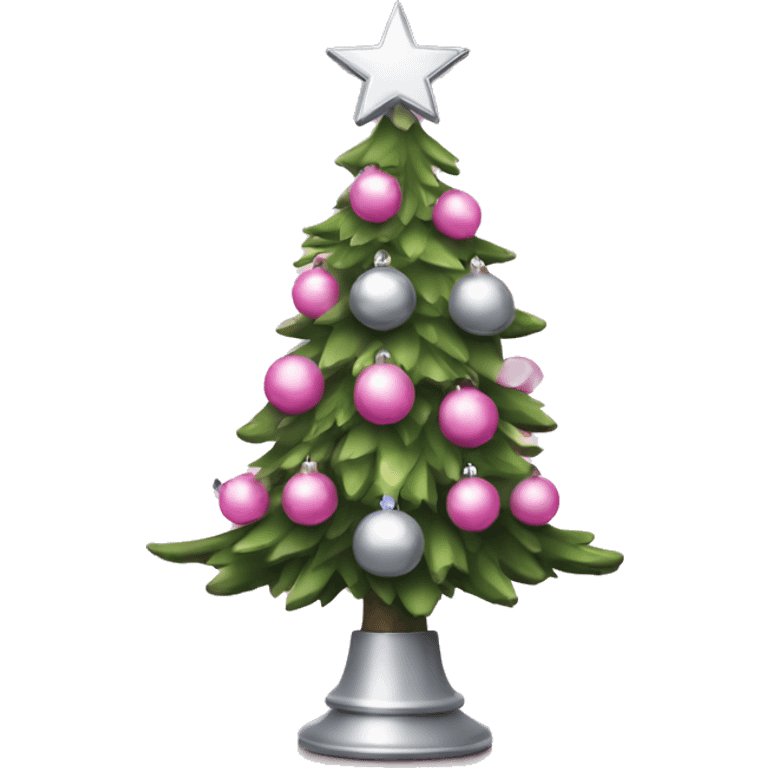 Christmas tree with silver and pink balls and lights with star on top emoji