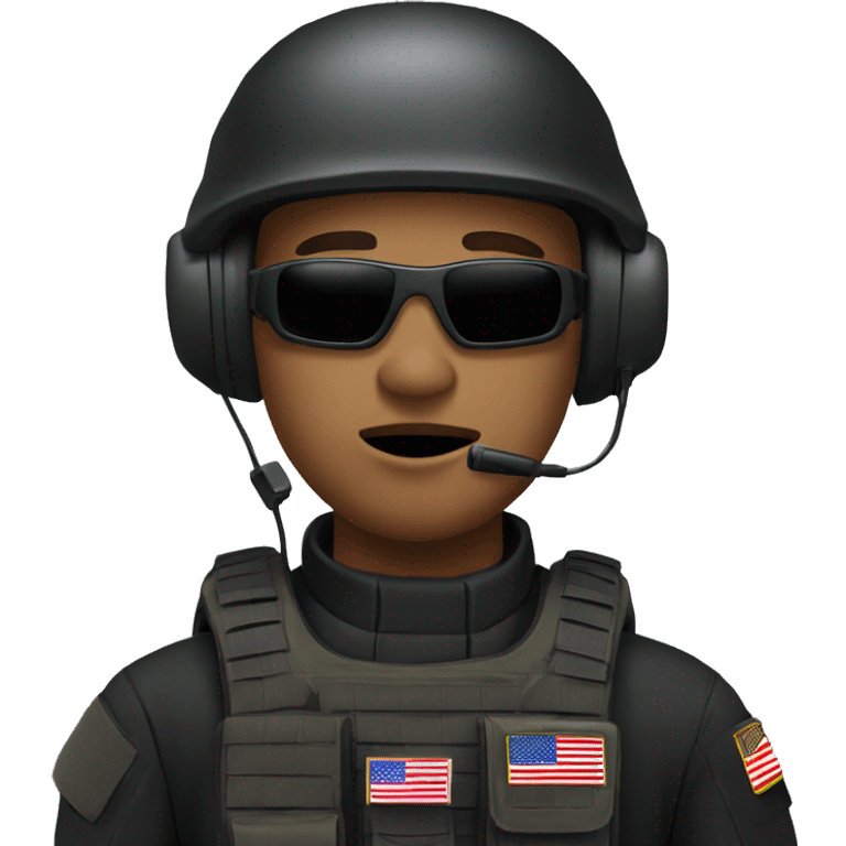 Military operator dressed in black with a helmet, without glasses, wearing a headset, ready to respond to alerts emoji