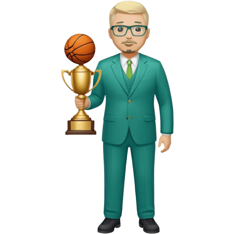 Full Body white fat male  wearing glasses with a goatee with light blonde gray very short hair basketball head Coach in blue and green suit holding trophy emoji