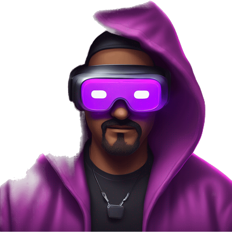 Big Lebowski wearing a black hoodie with "OMG" letters on it and VR headset oculus quest 2 in a cyberpunk VR environment with violet neon lighting. emoji