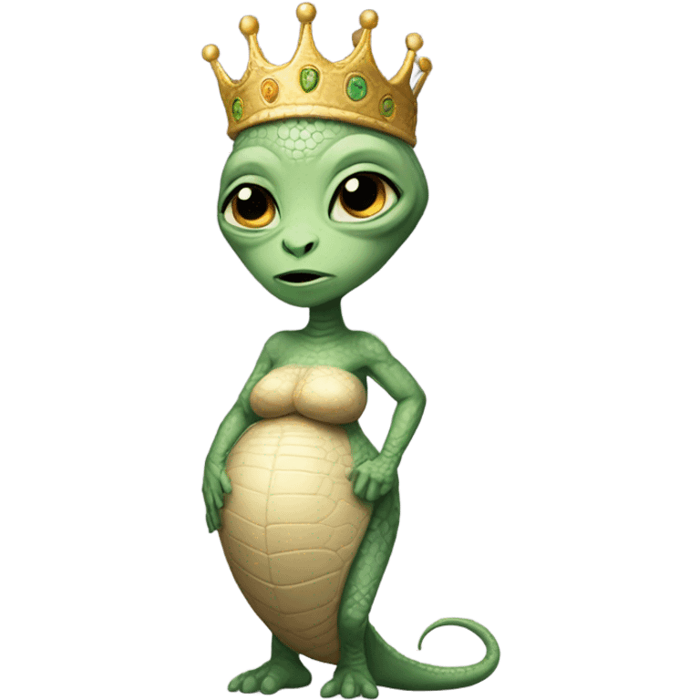 Pregnant reptilian alien woman, full body, have a crown emoji