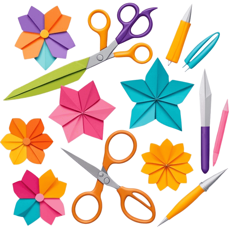 Paper crafting icon, various paper crafts like origami, paper flowers, and scrapbooking materials, visible tools such as scissors, glue stick, and paper sheets, colorful paper patterns, minimalistic style, clean lines, transparent background. emoji