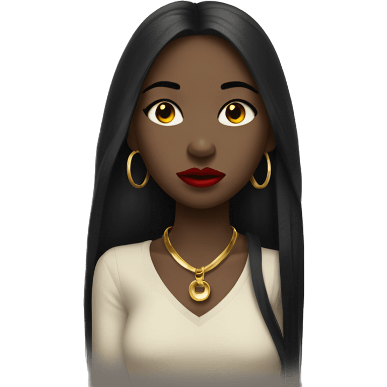 Crying Black girl with long black straight hair and red lipstick with gold hoop earrings and and a gold necklace  emoji