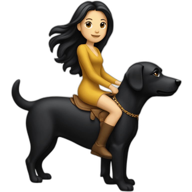 White woman with a black hair ridding a golden dog emoji