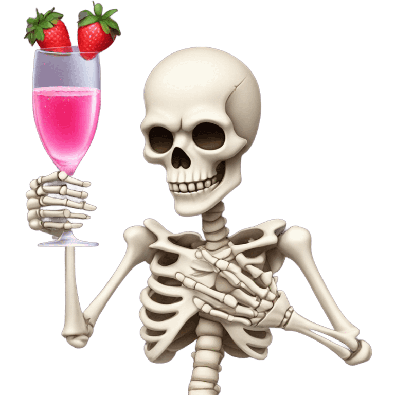 Skeleton sipping pink champagne with strawberries  emoji