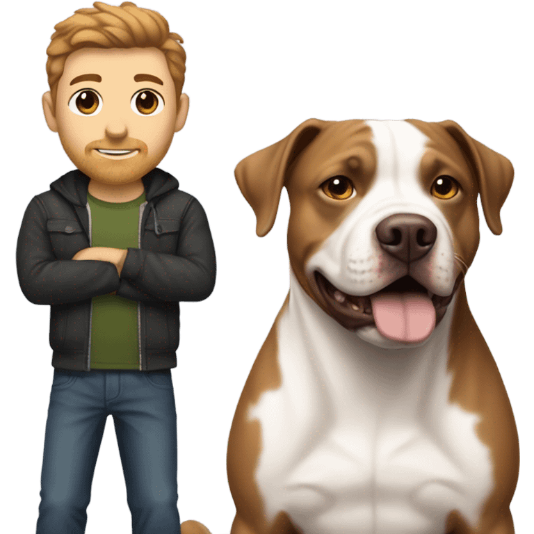 white male with dark brown hair and a lightly scruffy beard shadow standing alongside a white and brown pitbull emoji