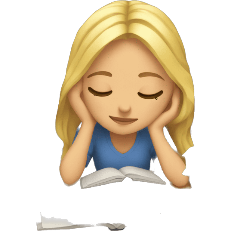 Blonde girl with eyes closed fell asleep studying surrounded by books emoji