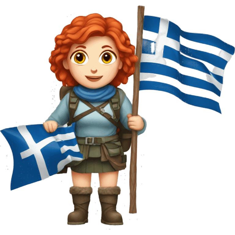 red hair female winter mountaineer offering Easter eggs and Greek flag emoji