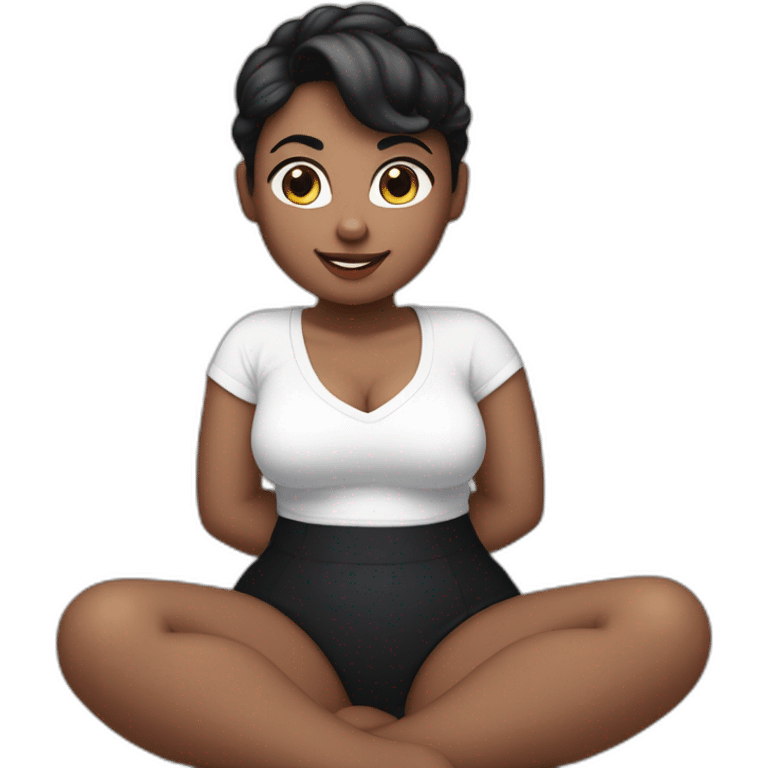 Front view curvy beauty sitting straight hands up black skirt white knickers white socks emoji