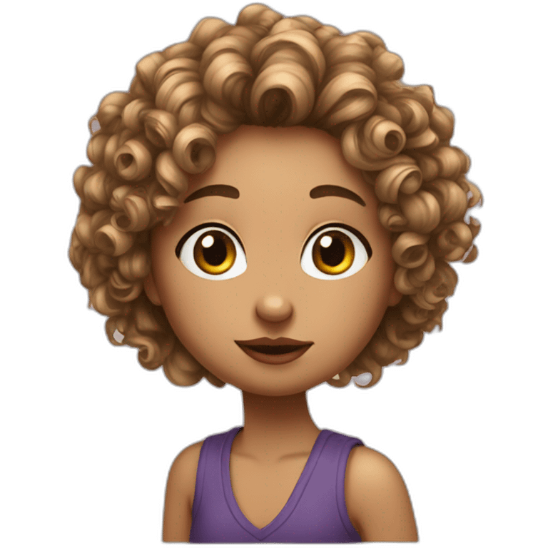 girl with curly wolfcut, silly nose, eyes alittle small, pretty cool, swag emoji