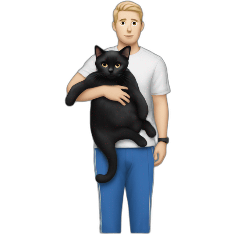 white man with black hair, beany in tracksuit holding a black cat like a baby in arms emoji