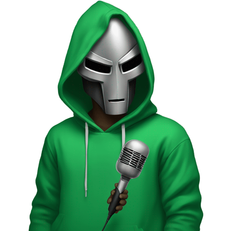 mf doom wearing green hoodie, holding mic emoji