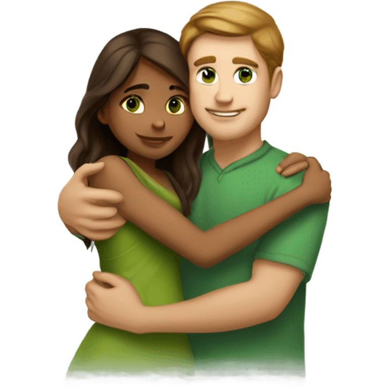 brown haired green eyed White guy hugging pretty indian girl emoji