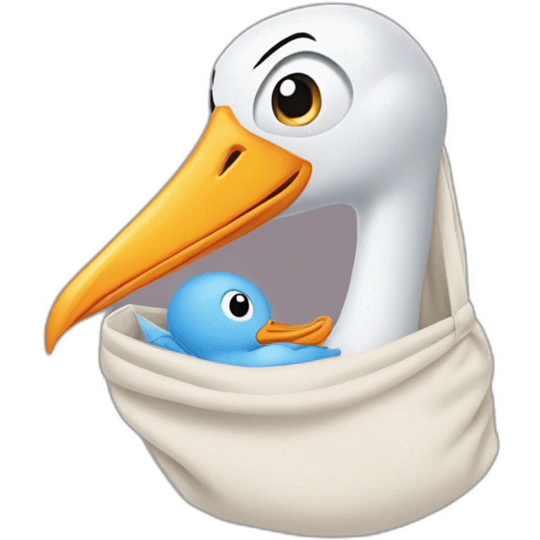 stork delivering baby boy in fabric held in its beak you can see the baby boys face popping from the top of the sack emoji