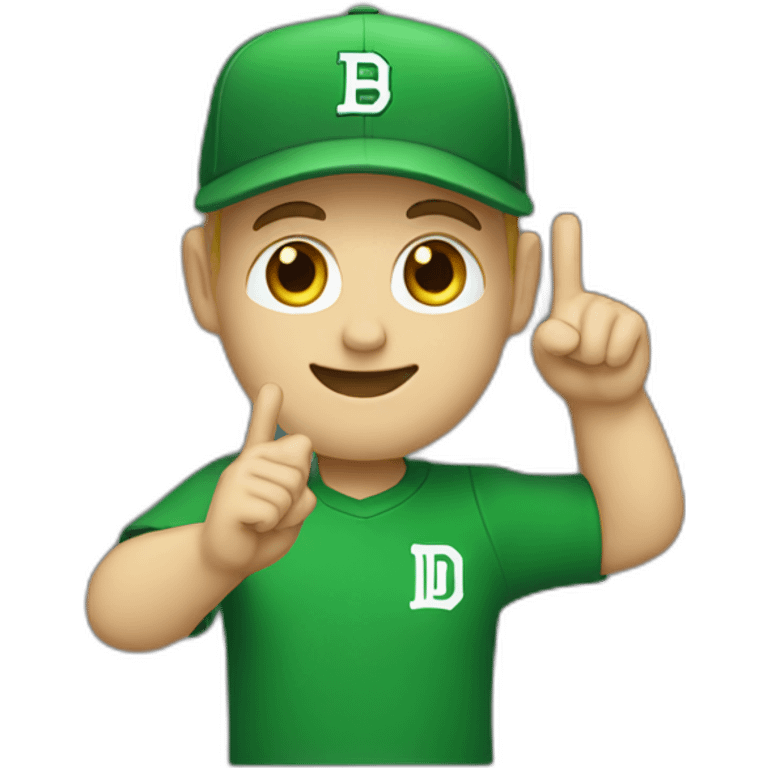 white male emoji waving wearing a green baseball hat with undefeated logo on the hat and wearing black Tshirt emoji