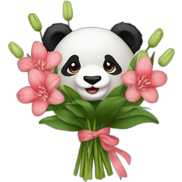 Panda bear holding lilies, hyacinths and camellias in a flower bouquet emoji