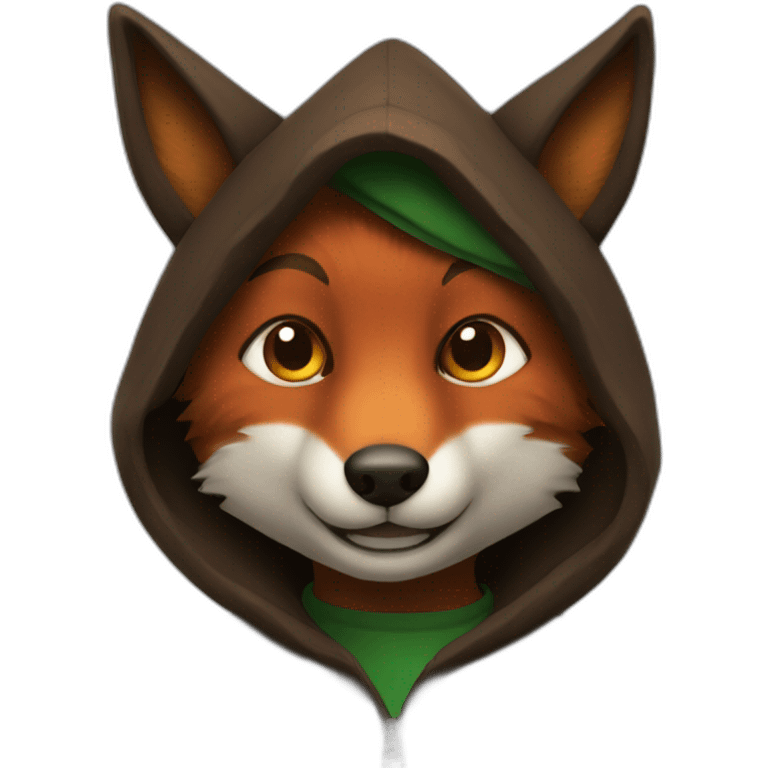 a small dark brown fox with orange eyes with a dark green hood that smile emoji