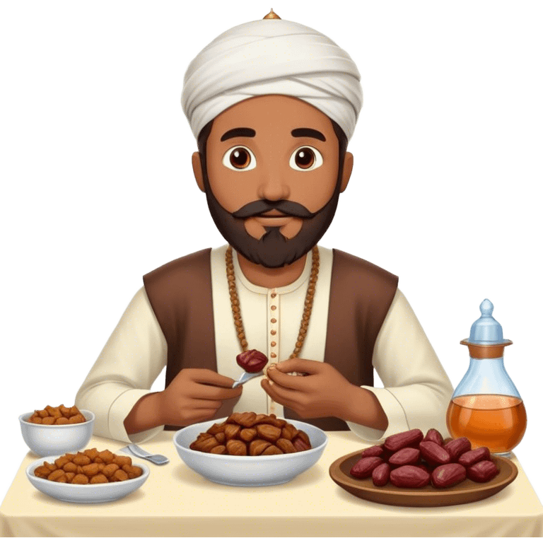 Muslim man with beard and mustache wearing his religious clothes eating if they food : dates on table, meat with rice, fried foods on the table and fruits, water emoji