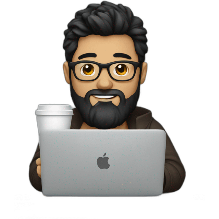 Designer with black hair, beard and glasses working with MacBook and drinking cappuccino  emoji