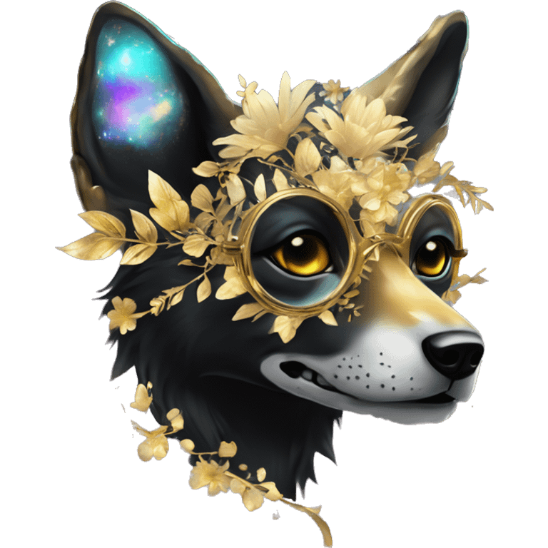 Black iridescent dog fox zombie skeleton gold mechanical nebula galaxy stars flowers fairy lights vintage emoji