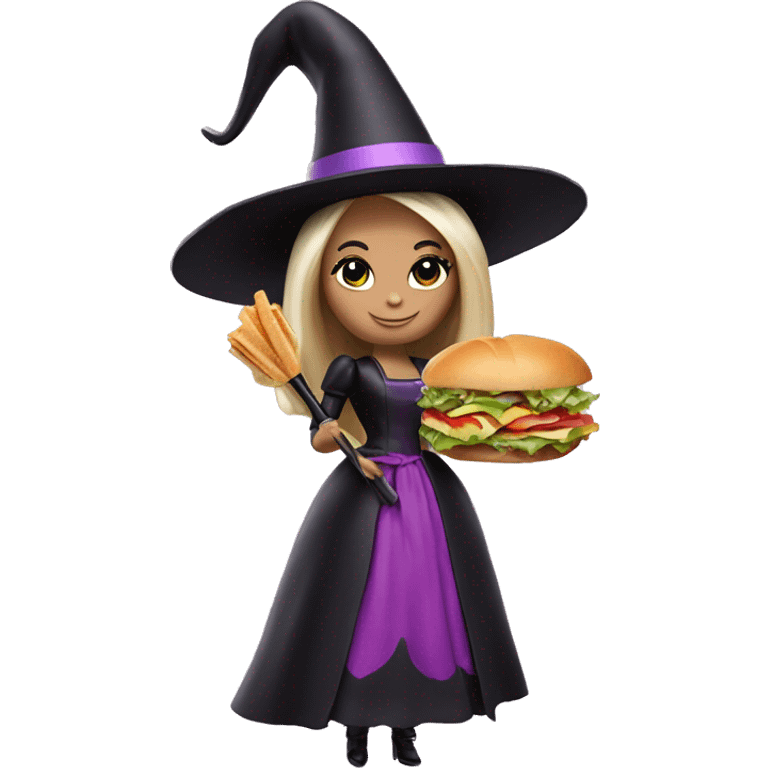 Barbie as a witch holding a sandwich and a scepter emoji