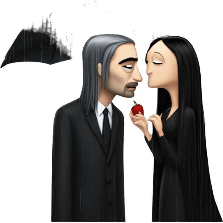 Realistic morticia addams kissing sweetly Kurt Cobain in the rain. emoji