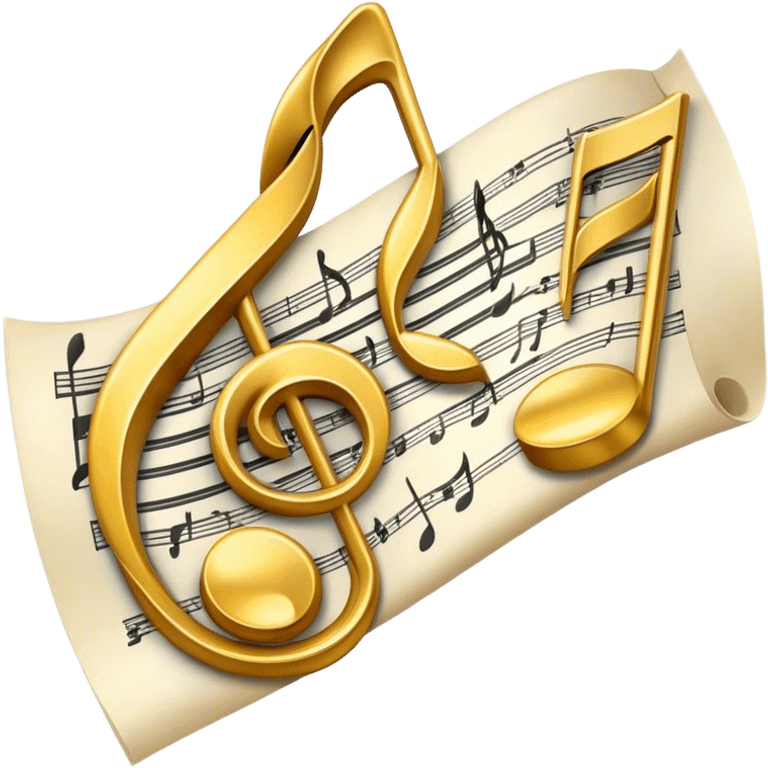 Create a bright and artistic emoji that represents music composition. The design should feature musical notes, a pencil or quill, and a sheet of music, symbolizing the creative process of composing a song. Add a touch of elegance with flowing lines to represent melody and rhythm. Use gold or silver tones for sophistication, and incorporate a mix of vibrant colors to convey creativity. The background should be transparent. emoji