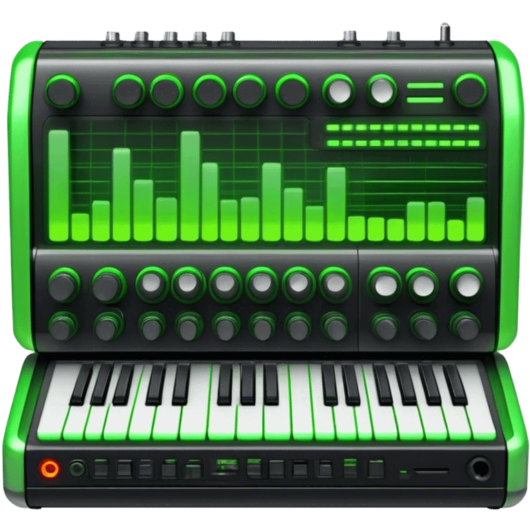 Create a creative and technical emoji that represents sound design. The design should feature a sound mixing console, audio waveforms, and sound effects icons (like a reverb or delay knob) to symbolize the manipulation and crafting of sound. Add elements like a synthesizer or audio interface to reflect the electronic aspect of sound creation. Use colors like neon green, blue, or purple to represent the innovative and experimental nature of sound design. The background should be transparent. emoji