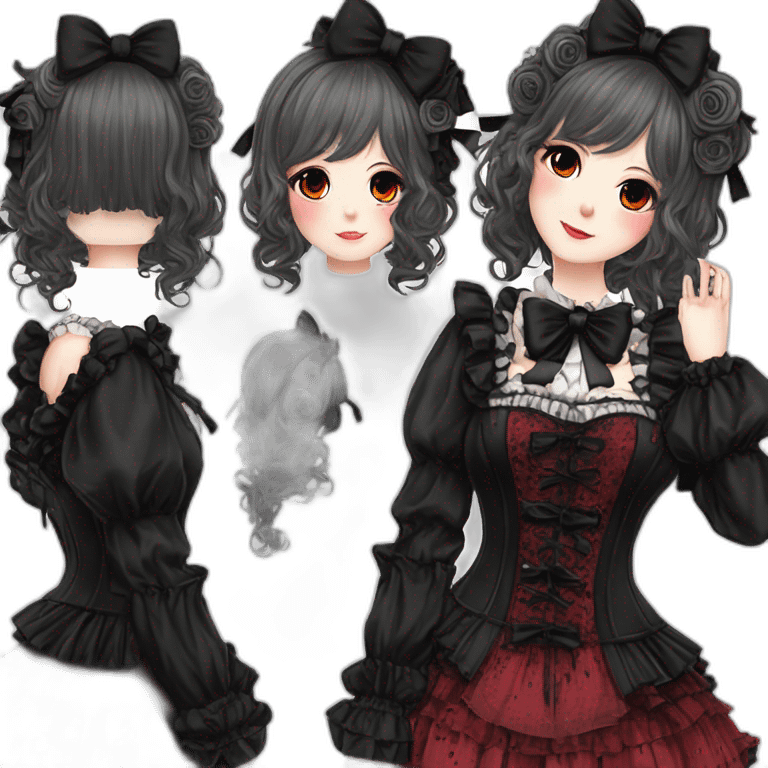 Vestido estilo Jirai kei y gothic lolita rosa y negro, piel morena, pelo rojo y negro, cuerpo completo, pelo largo emoji