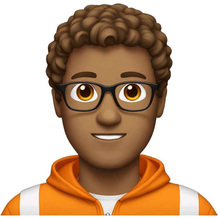 Brown haired guy with glasses and orange track suit emoji