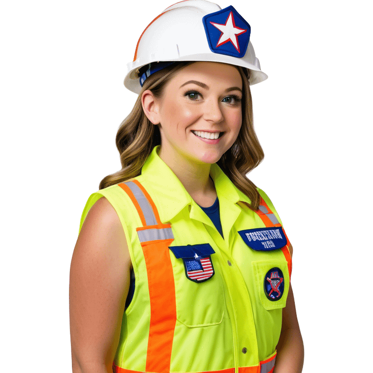  caitlin clark is a construction worker wearing a patriotic dress with a neon yellow safety vest over the dress. she also has a hard hat and a patriotic patch on the vest emoji