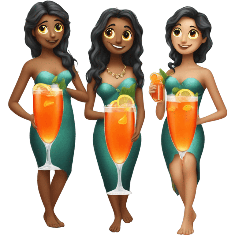 Three beautiful meermaids drinking aperol  emoji