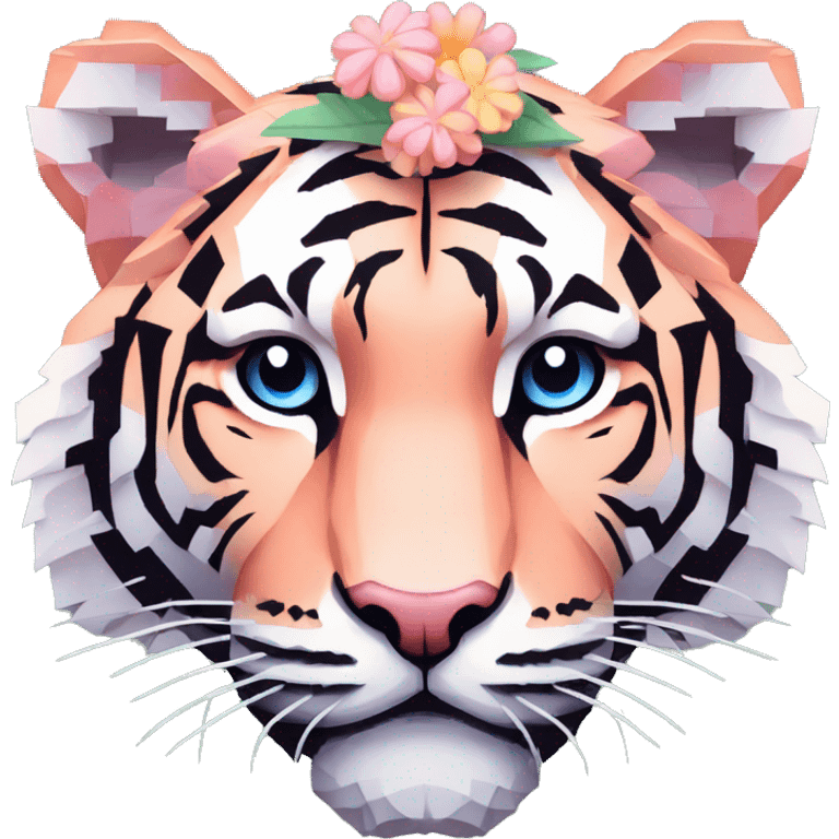 Pixel art of a pixel pink peach beige blue cream pastel pixel tiger wearing tropical flowers and leaves, flower crown, floral, pixel emoji