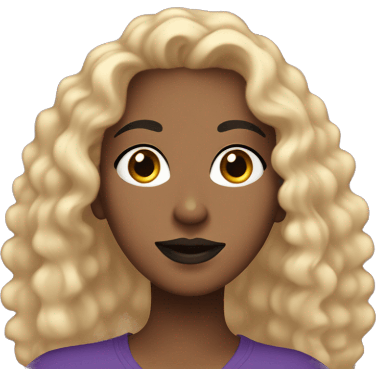 very pretty brown woman with curly black and blonde hair, a black nose ring and a purple v neck tee shirt emoji