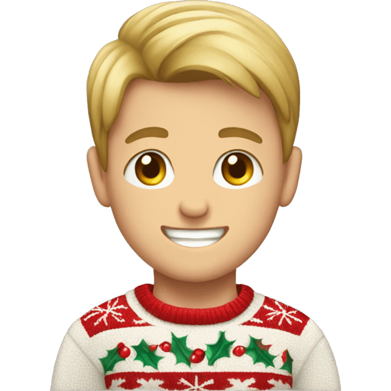 Young white boy with Christmas sweater on with a smile  emoji