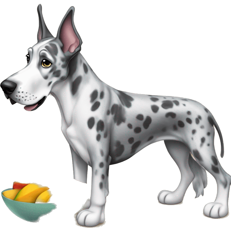 Blue Merle Great Dane eating mango emoji