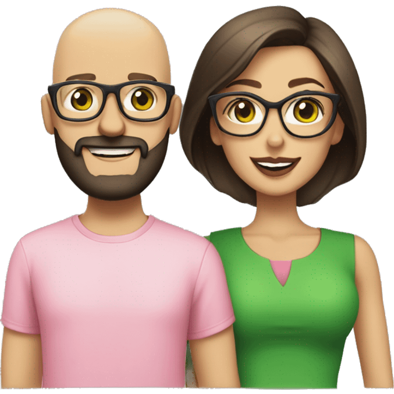 a couple, a brunette woman with green eyes, transparent pink-framed glasses with a black t-shirt and big lips next to a bald man, green eyes, beard, nice smile and cream blouse emoji