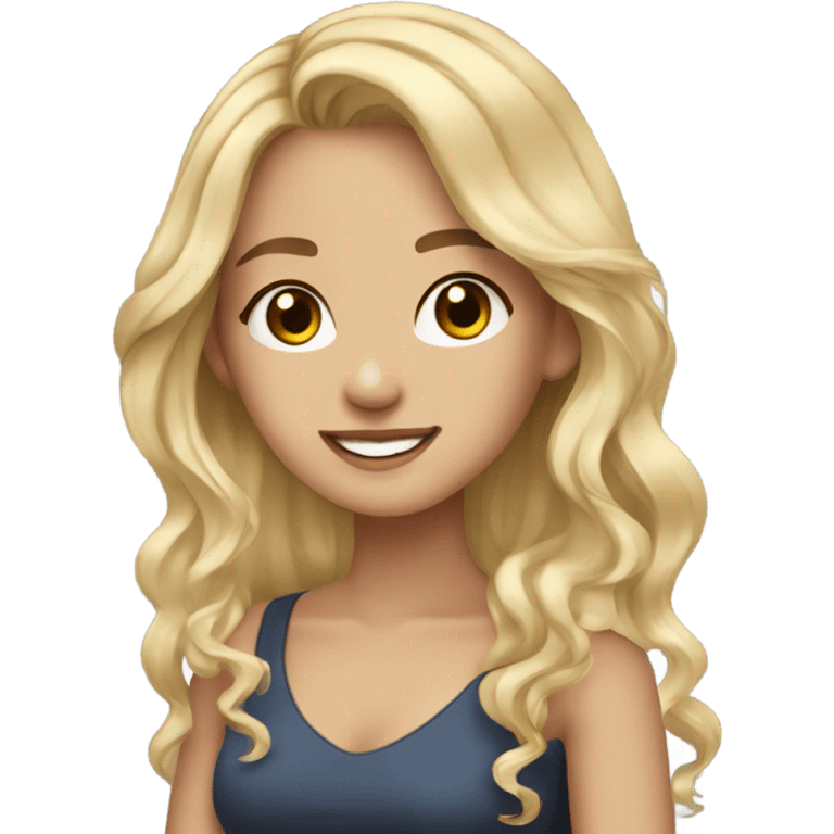 Beautiful girl,Blonde hair,wavy hair，long hair,brown eyes,Chinese, typing on laptop  emoji