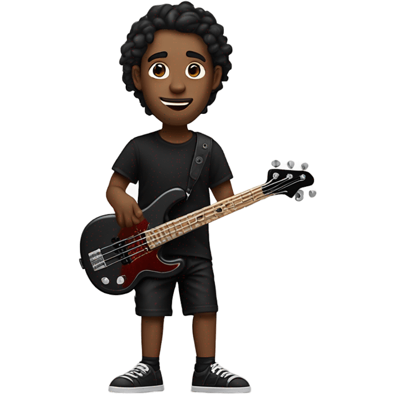 26 year old guy playing a 5 string rose gold color bass guitar, wearing a black shirt and black shorts with brands: Revere, Misery emoji