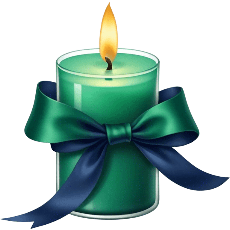 A charmingly arranged composition of a glass candle in a rich emerald shade, placed next to a carefully folded navy blue ribbon. emoji