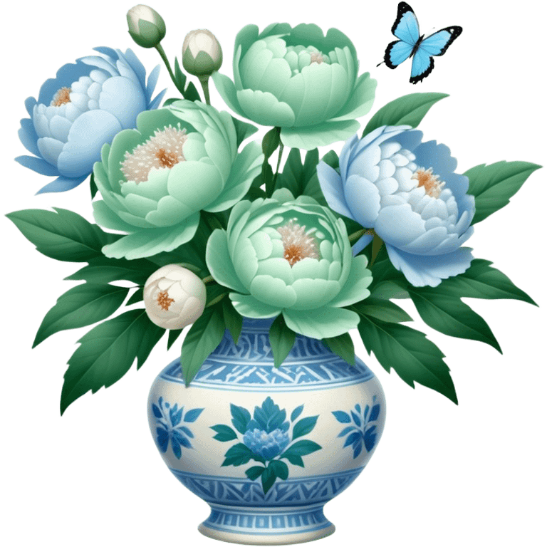 A soft green butterfly fluttering near a bouquet of pale blue and white peonies in an antique vase. emoji