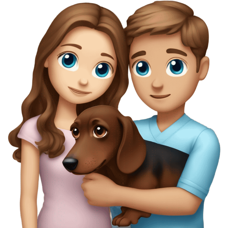 Brown long wavy hair blue eyes girl brown haired boy with blue eyes cuddling a brown dachshund emoji