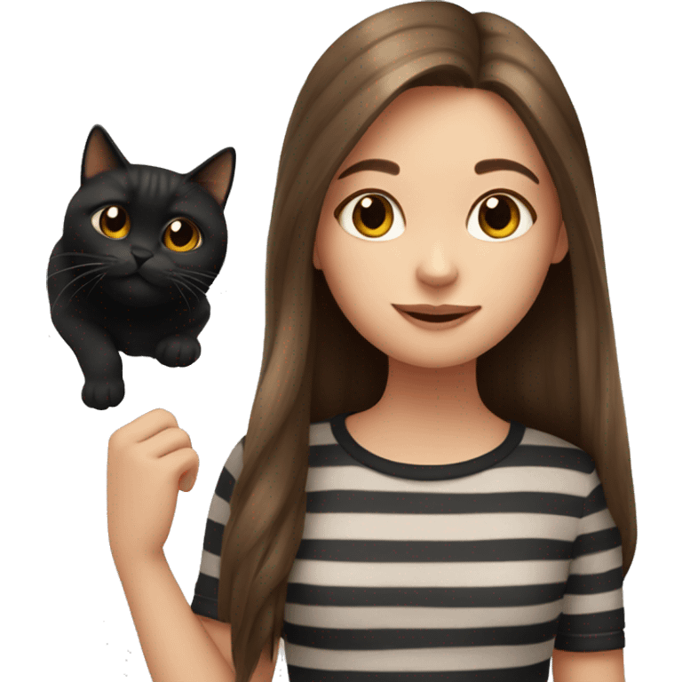 Girl with long brown hair with one black cat and one striped cat  emoji