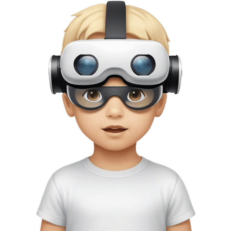 Child wearing virtual reality glasses, with a curious and engaged expression, exploring the digital world through VR technology. emoji