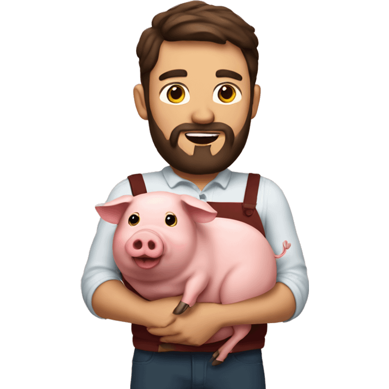 Brunette man with beard holding a pig and has a lot of bacon around  emoji