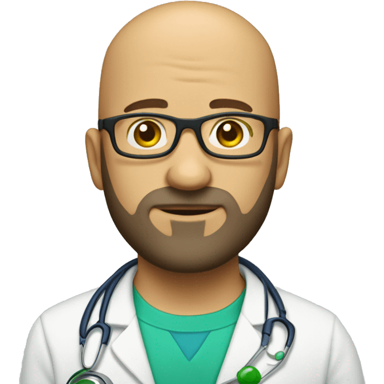 bald man with dark scruff, and blue eyes, and bright yellow stethoscope, and green glasses emoji